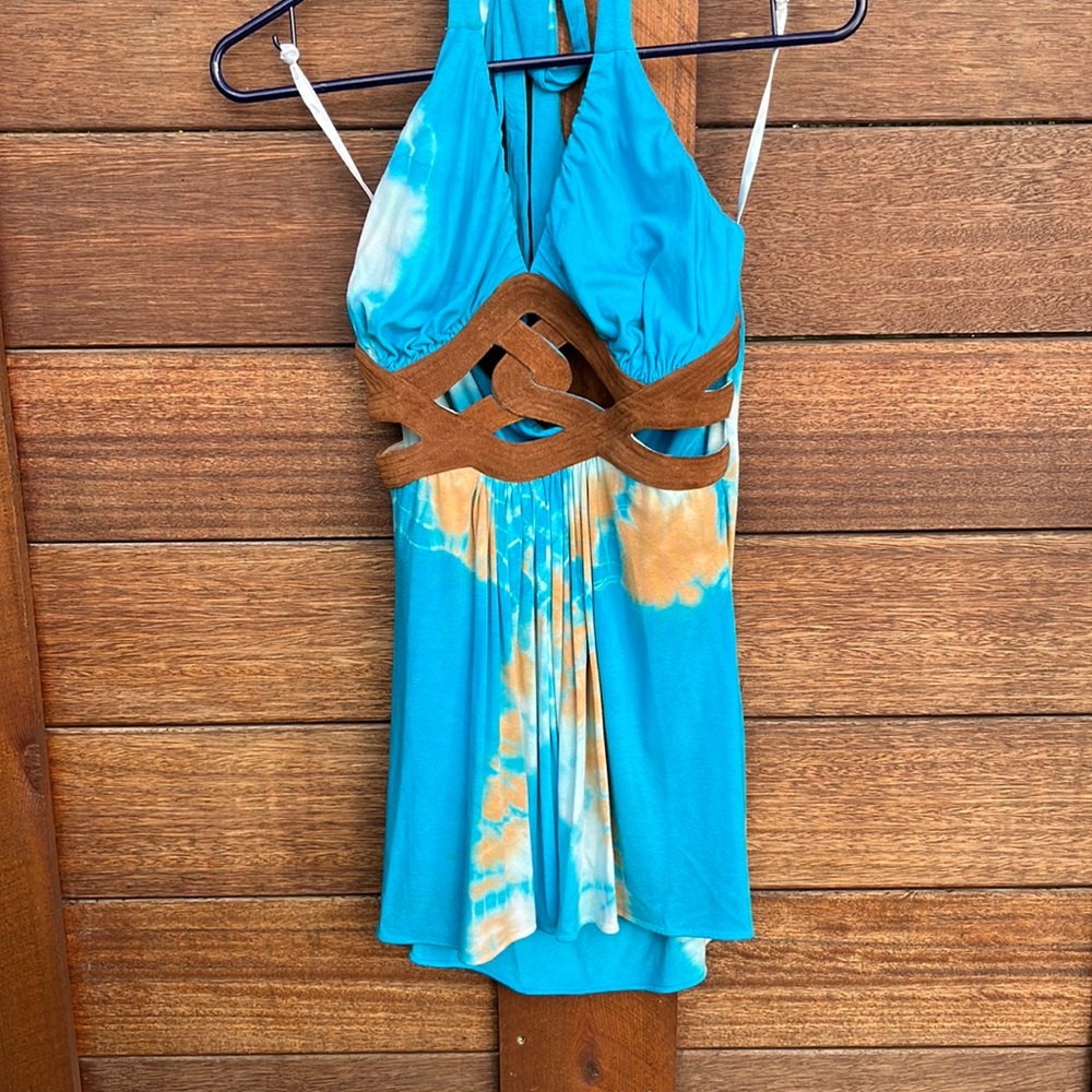 Sky halter top with real leather cutouts